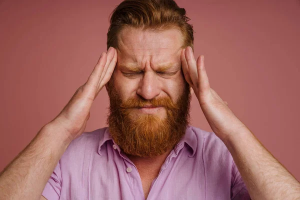 Portrait Adult Tense Redhead Bearded Man Closed Eyes Touching His — Stockfoto