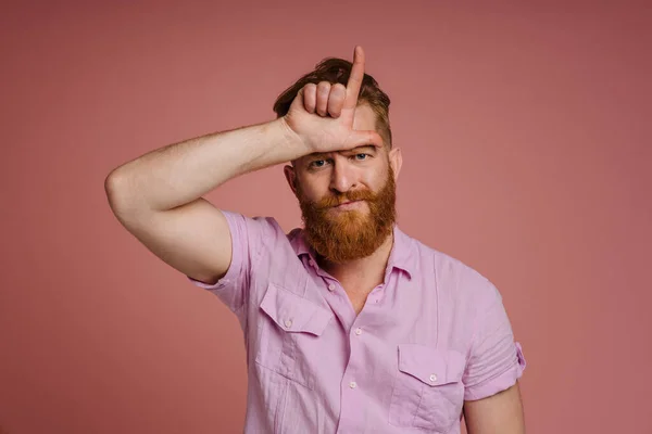 Portrait Adult Sad Redhead Bearded Man Doing Loser Gesture His — Stockfoto