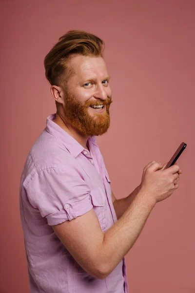 Adult Stylish Handsome Redhead Bearded Smiling Man Holding Phone Looking — Stockfoto