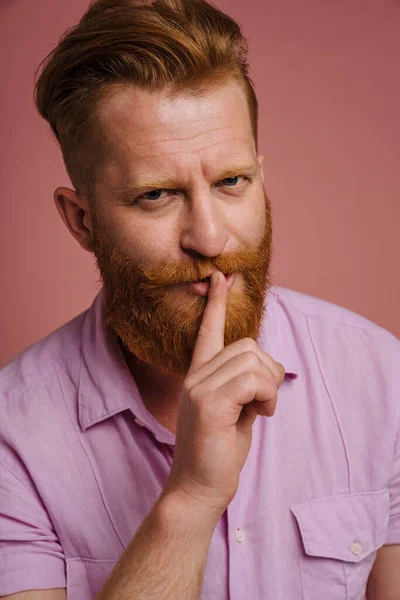 Adult Handsome Redhead Bearded Frowning Man Doing Silence Gesture Finger — Stockfoto