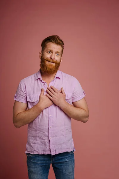 Adult Handsome Redhead Bearded Man Folded Hands Chest Expressing Tender — Stockfoto