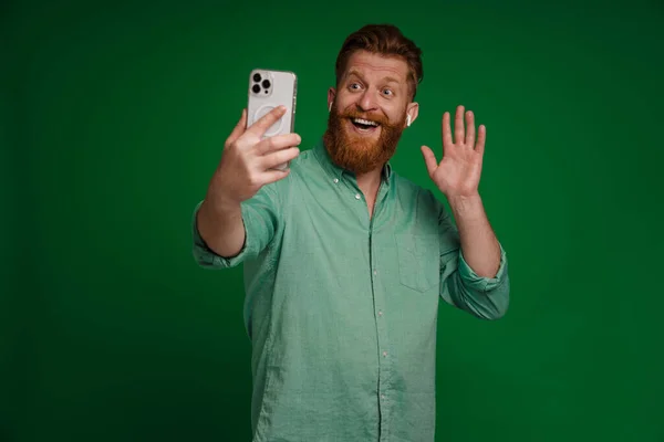 Ginger White Man Gesturing While Taking Selfie Mobile Phone Isolated — 图库照片