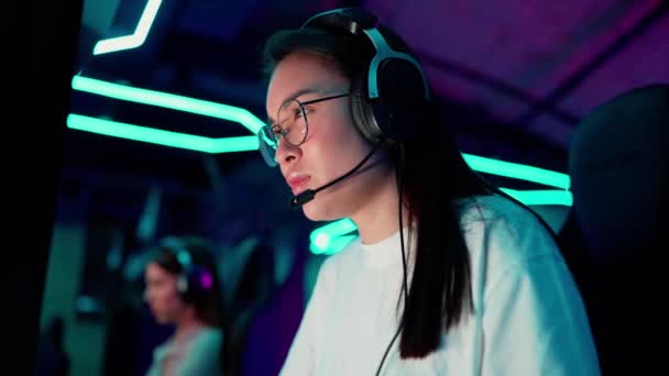 Serious Asian Woman Gamer Playing Rpg Video Game Championship Talking — Vídeos de Stock