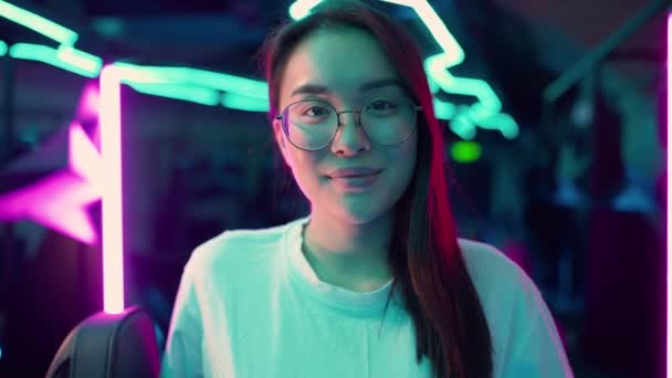 Smiling Asian Woman Gamer Looking Camera Playing Rpg Video Game — Video Stock