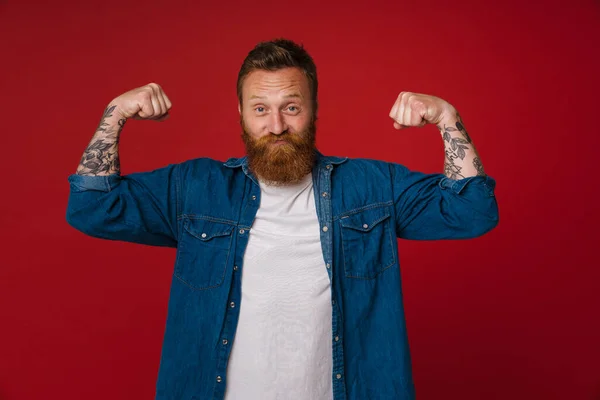 Gingembre Excité Homme Avec Tatouage Souriant Montrant Son Biceps Isolé — Photo