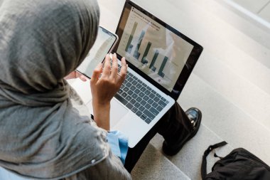 Genç Müslüman kadın başörtüsü takıyor. Merdivenlerde otururken cep telefonu ve laptop kullanıyor.