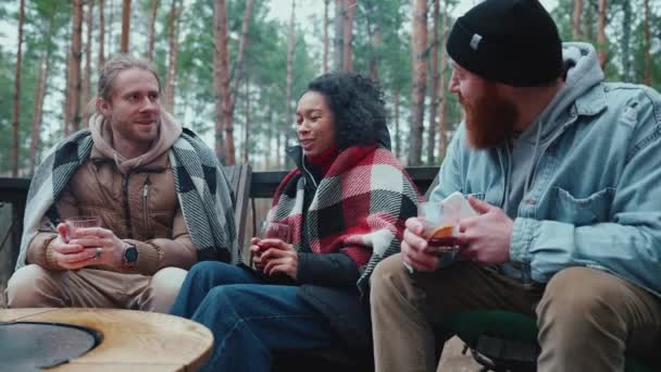 森の中の毛布で覆われたキャンプファイヤーを囲んで話す面白い多国籍の友人 — ストック動画