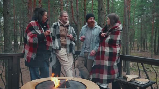 森の中の毛布で覆われたキャンプファイヤーを囲んで話す陽気な多国籍の友人 — ストック動画