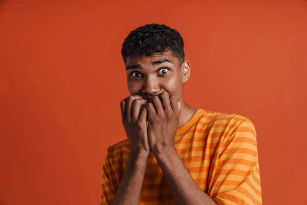 Scared Black Man Piercing Biting His Fingers Looking Camera Isolated — Stock Photo, Image