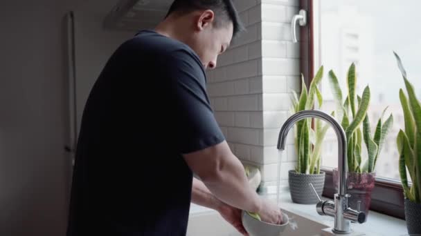 Bastante Asiático Hombre Lava Plato Cocina Fregadero Casa — Vídeo de stock