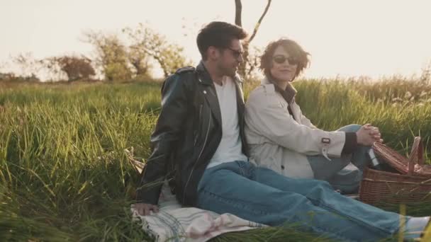 Positive Couple Glasses Talking While Sitting Picnic Blanket Green Grass — Stock Video
