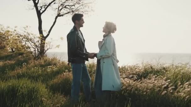 Positive Couple Talking Holding Hands While Standing Field Sea — Stock Video