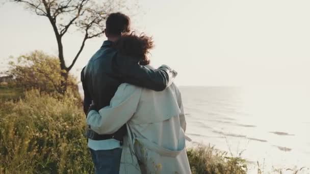 Back View Couple Hugging Looking View While Standing Field Sea — Stock Video