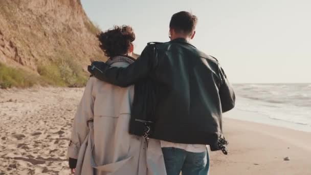 Visão Traseira Casal Conversando Abraçando Enquanto Caminha Longo Costa Mar — Vídeo de Stock