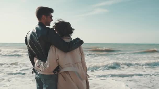 Back View Happy Couple Looking View Hugging Sea Coast — Stock Video