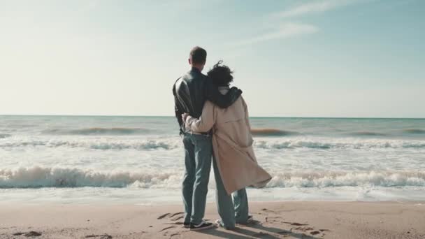 Back View Lovely Couple Looking View Hugging Sea Coast — Stock Video