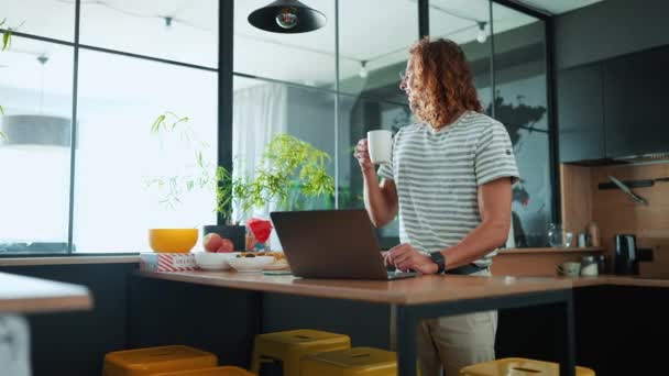 幸せな巻き毛の男で眼鏡飲んでカップのコーヒー後作業ノートパソコンでオフィスキッチン — ストック動画
