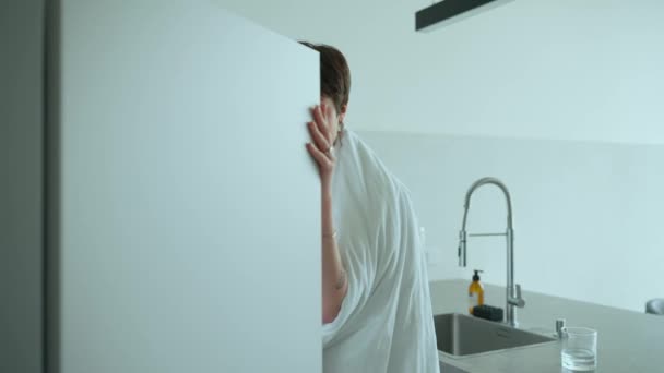 Depressed Woman Piercings Covered Blanket Looking Food Fridge Home — Stock Video