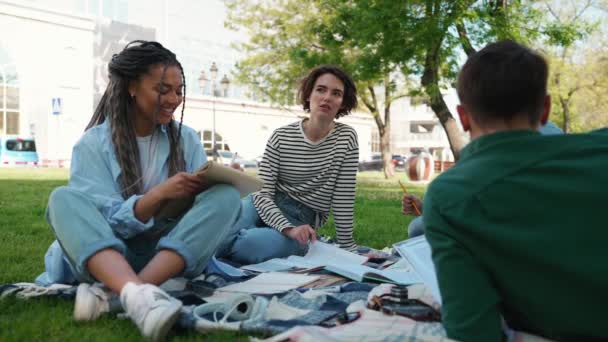 快乐的跨国朋友在公园边野餐边学习和聊天 — 图库视频影像