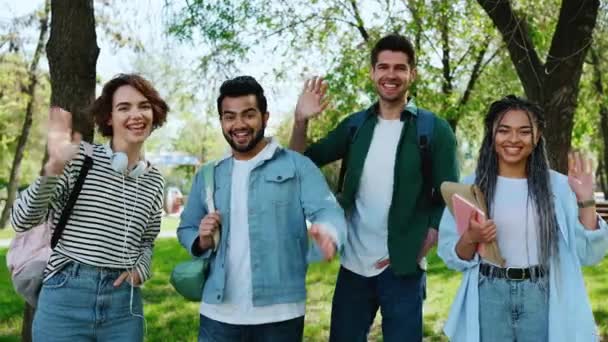 Lächelnde Multiethnische Junge Freunde Die Beim Picknick Park Die Kamera — Stockvideo