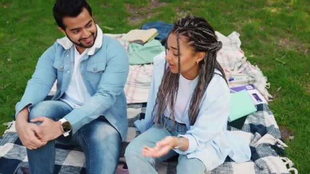 Mutlu Çokuluslu Çift Çimlerin Üzerinde Piknik Yaparken Konuşuyor — Stok video