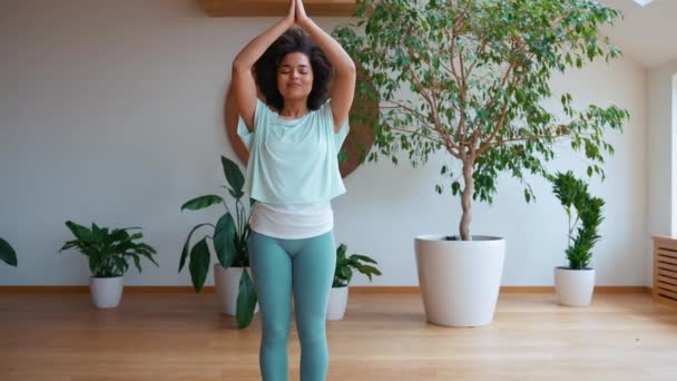 Rahat Afrikalı Kıvırcık Saçlı Kadın Evde Yoga Yapıyor Sağlıklı Bir — Stok video