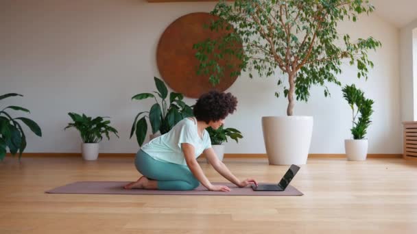 Positive Afrikanisch Lockige Frau Macht Yoga Übungen Aus Online Unterricht — Stockvideo