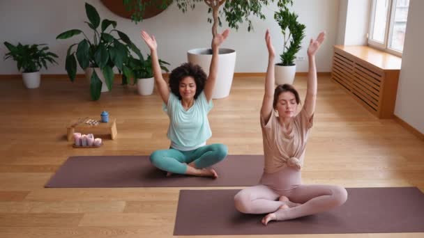 Positieve Brunette Trainer Mediteren Met Afrikaanse Vrouw Ademhaling Yoga Mat — Stockvideo