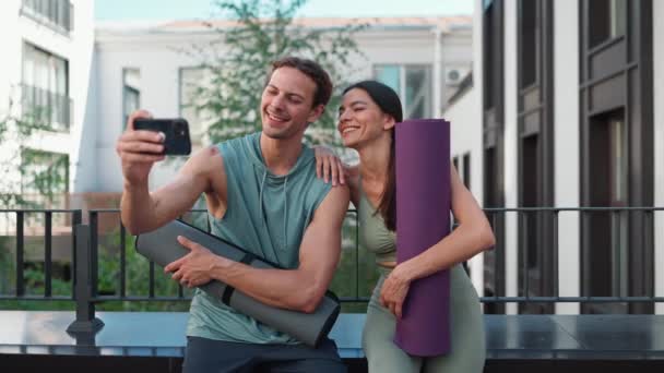 Lovely Couple Sportsmen Taking Selfies Cell Phone Yoga Practice Hotel — Stok video
