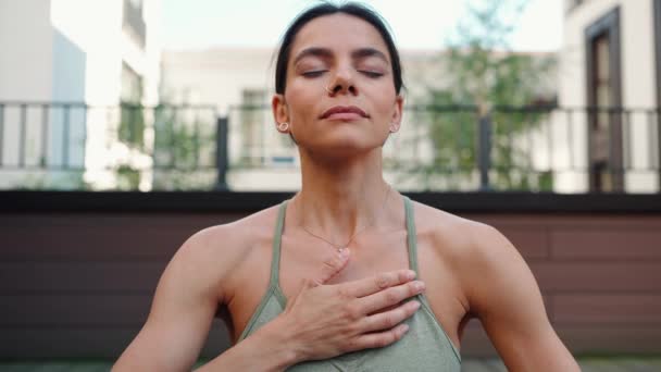 Positive Brunette Woman Meditating While Doing Breathing Exercises Hotel Balcony — Stockvideo