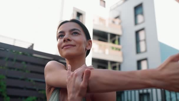 Positive Brunette Female Athlete Doing Yoga Exercises Stretching Hands Hotel — Wideo stockowe