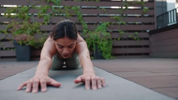 Confident Brunette Female Athlete Doing Yoga Exercises Stretching Back Yoga — стоковое видео