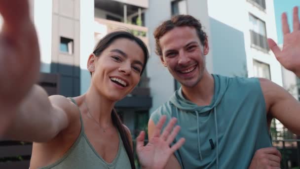 Pretty Couple Sportsmen Filming Video Camera Talking Yoga Practice Hotel — kuvapankkivideo