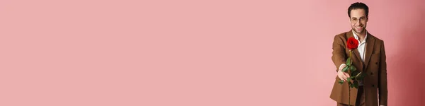 Unshaven Smiling Man Eyeglasses Posing Red Rose Isolated Pink Background — kuvapankkivalokuva