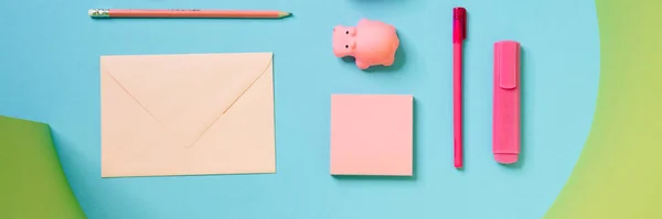 Children Pink Set Writing Consisting Envelope Pen Sharpener Paper Clips — Stock Photo, Image