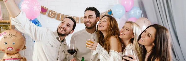 Happy Young Friends Taking Selfie Photo Together Gender Reveal Party — Stock Photo, Image