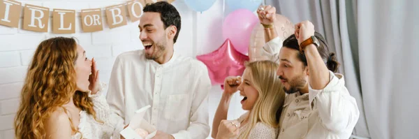 Young Excited Couple Open Surprise Box Gender Reveal Party Indoors — ストック写真
