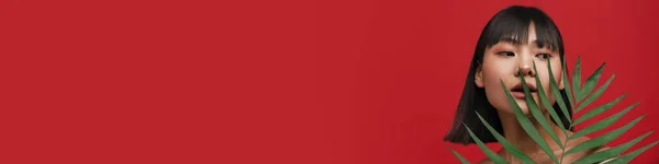 Азійська Безсоромна Жінка Дивиться Бік Надаючи Зеленого Листа Ізольованого Червоному — стокове фото