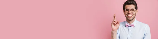Портрет Усміхненого Сподіваючись Молодий Брюнетка Ботанік Сорочці Бантику Стоїть Над — стокове фото