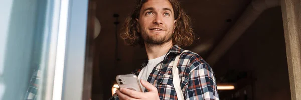 Young White Cafe Worker Plaid Shirt Using Cellphone Indoors — Stock Photo, Image