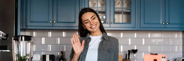 Smiling Woman Gesturing While Taking Selfie Footage Cellphone Home Kitchen — Stock Photo, Image