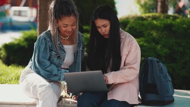 Mulheres Multinacionais Pensivas Conversando Trabalhando Laptop Enquanto Estão Sentadas Parque — Vídeo de Stock