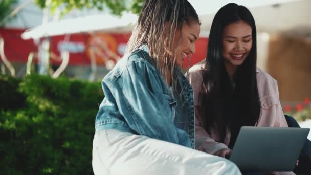 Smějící Nadnárodní Ženy Mluví Pracuje Notebooku Zatímco Sedí Parku Létě — Stock video