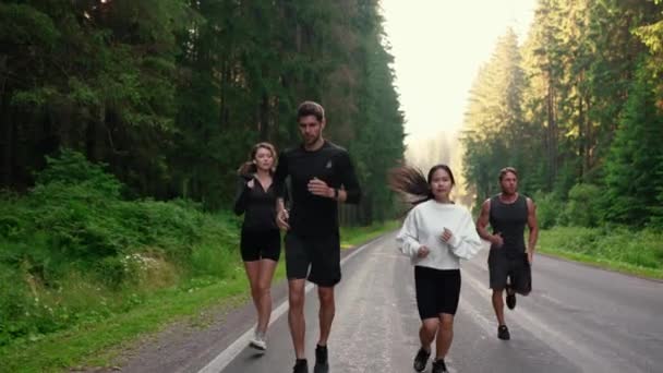 Atleta Serio Amigos Multiétnicos Corriendo Por Carretera Mañana Bosque — Vídeos de Stock