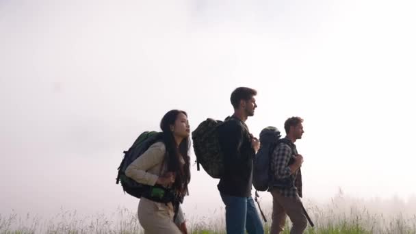 ポジティブな多国籍の友人が霧の中のバックパックで山に登る — ストック動画