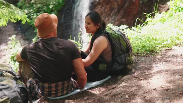 Vue Arrière Couple Touristique Multinational Confiant Parlant Près Cascade Dans — Video