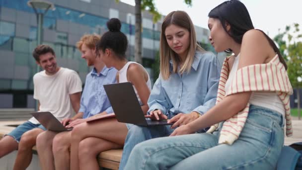 Grupo Jovens Multinacionais Positivos Conversando Digitando Laptop Banco Perto Universidade — Vídeo de Stock