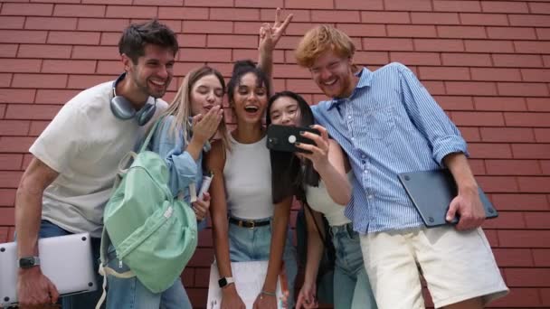 Веселая Мультикультурная Молодежь Летом Разговаривает Видеосвязи Мобильном Телефоне Возле Кирпичной — стоковое видео