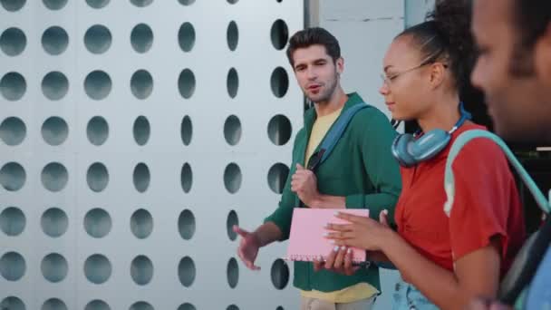 Позитивные Мультикультурные Студенты Разговаривают Ходят Рюкзаками Открытом Воздухе — стоковое видео