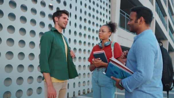Alegres Estudiantes Multiculturales Discuten Estudiar Aire Libre — Vídeos de Stock